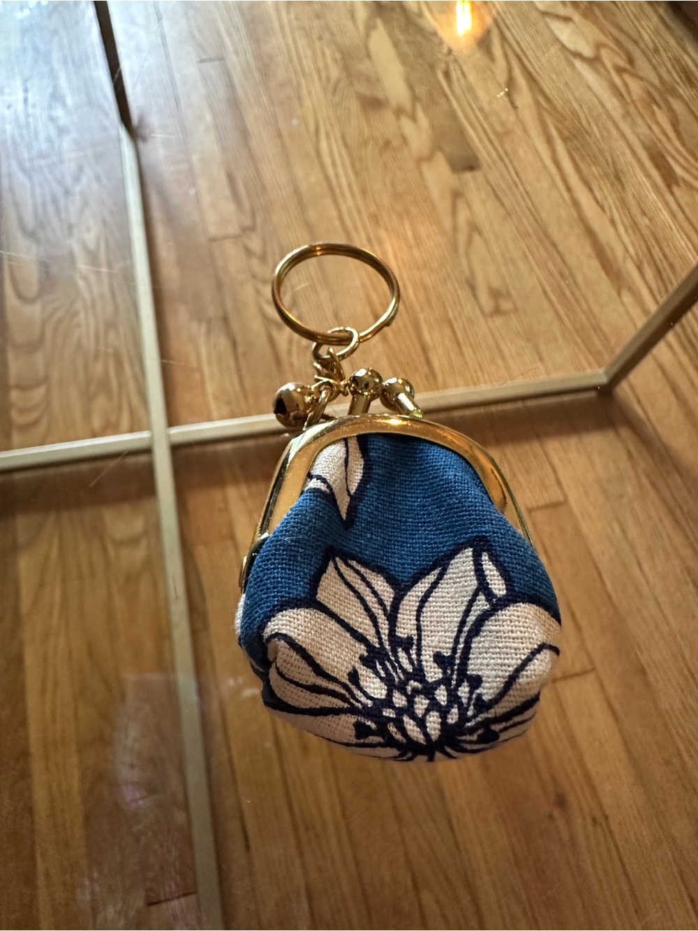 Blue Floral Coin Purse Keychain with Gold Hardware